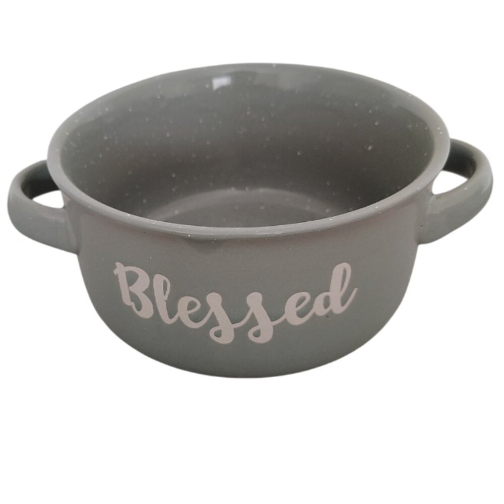 CERAMIC SOUP BOWL " BLESSSED" SPECKLED GRAY